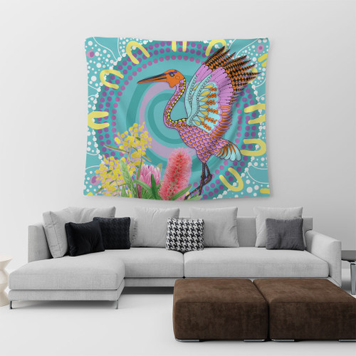 Australia Aboriginal Tapestry - Brolga Bird Dancing With Australia Native Flowers V3 Tapestry Australia Aboriginal Tapestry - Brolga Bird Dancing With Australia Native Flowers V3 Tapestry