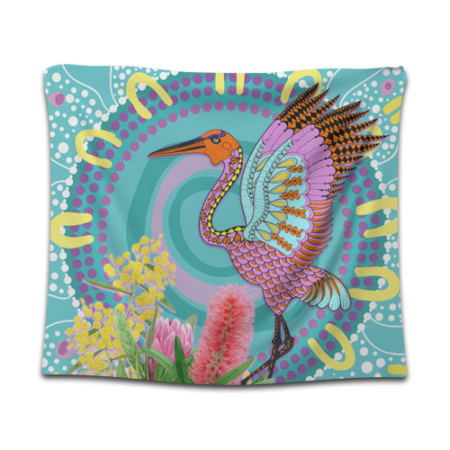 Australia Aboriginal Tapestry - Brolga Bird Dancing With Australia Native Flowers V3 Tapestry Australia Aboriginal Tapestry - Brolga Bird Dancing With Australia Native Flowers V3 Tapestry