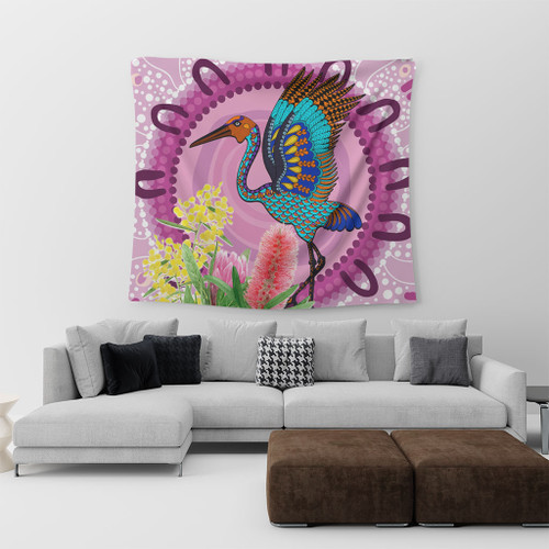 Australia Aboriginal Tapestry - Brolga Bird Dancing With Australia Native Flowers Tapestry Australia Aboriginal Tapestry - Brolga Bird Dancing With Australia Native Flowers Tapestry