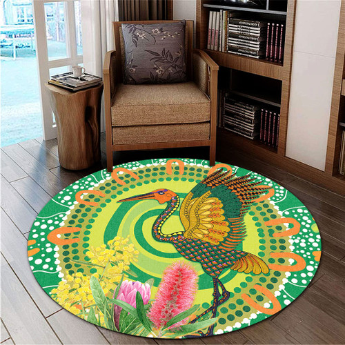 Australia Aboriginal Round Rug - Brolga Bird Dancing With Australia Native Flowers V2 Round Rug Australia Aboriginal Round Rug - Brolga Bird Dancing With Australia Native Flowers V2 Round Rug