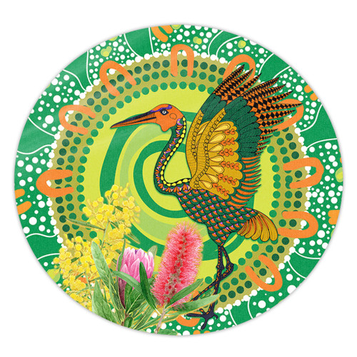 Australia Aboriginal Round Rug - Brolga Bird Dancing With Australia Native Flowers V2 Round Rug Australia Aboriginal Round Rug - Brolga Bird Dancing With Australia Native Flowers V2 Round Rug
