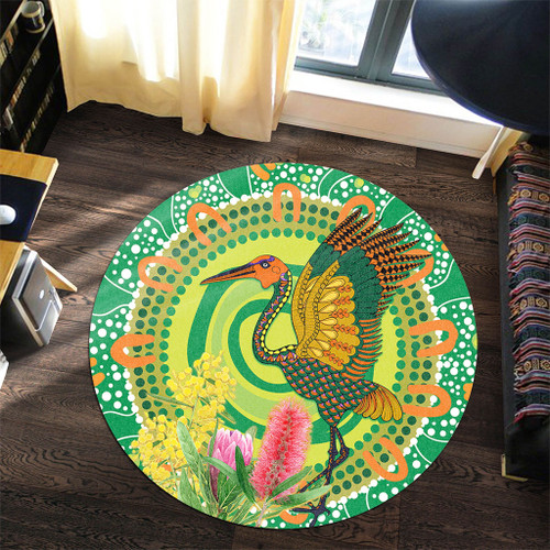 Australia Aboriginal Round Rug - Brolga Bird Dancing With Australia Native Flowers V2 Round Rug Australia Aboriginal Round Rug - Brolga Bird Dancing With Australia Native Flowers V2 Round Rug