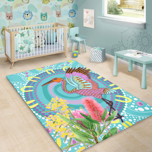 Australia Aboriginal Area Rug - Brolga Bird Dancing With Australia Native Flowers V3 Area Rug Australia Aboriginal Area Rug - Brolga Bird Dancing With Australia Native Flowers V3 Area Rug