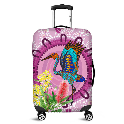 Australia Aboriginal Luggage Cover - Brolga Bird Dancing With Australia Native Flowers Luggage Cover Australia Aboriginal Luggage Cover - Brolga Bird Dancing With Australia Native Flowers Luggage Cover