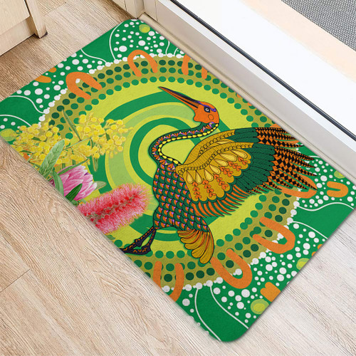 Australia Aboriginal Doormat - Brolga Bird Dancing With Australia Native Flowers V2 Doormat Australia Aboriginal Doormat - Brolga Bird Dancing With Australia Native Flowers V2 Doormat