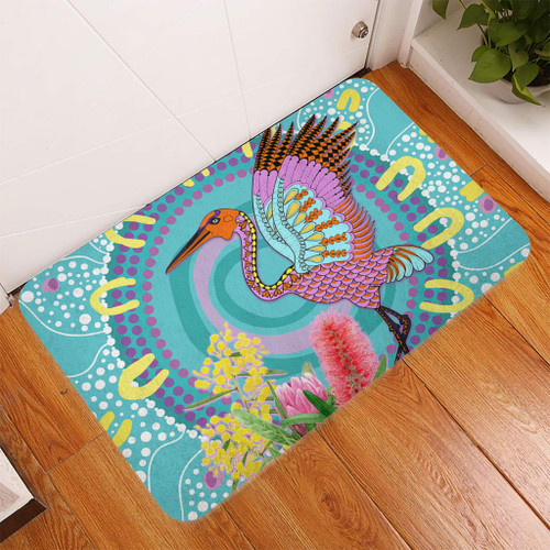 Australia Aboriginal Doormat - Brolga Bird Dancing With Australia Native Flowers V3 Doormat Australia Aboriginal Doormat - Brolga Bird Dancing With Australia Native Flowers V3 Doormat