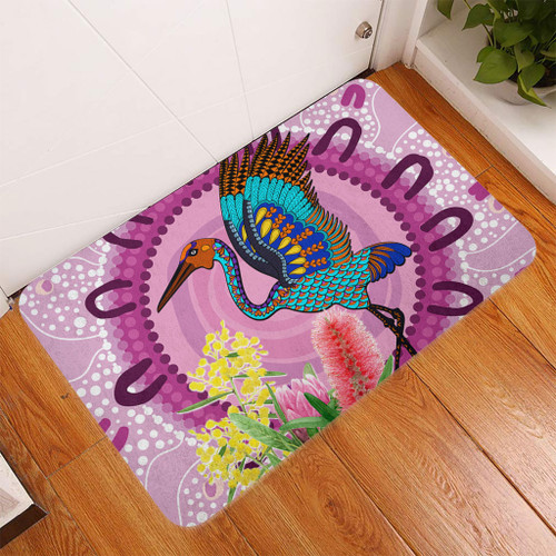 Australia Aboriginal Doormat - Brolga Bird Dancing With Australia Native Flowers Doormat Australia Aboriginal Doormat - Brolga Bird Dancing With Australia Native Flowers Doormat
