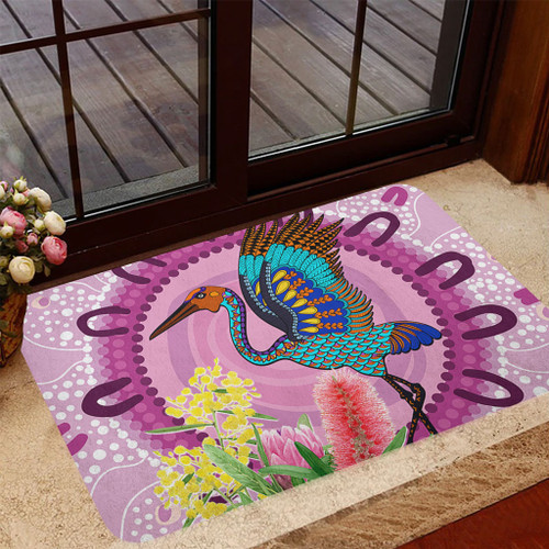 Australia Aboriginal Doormat - Brolga Bird Dancing With Australia Native Flowers Doormat