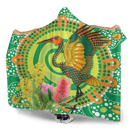 Australia Aboriginal Hooded Blanket - Brolga Bird Dancing With Australia Native Flowers V2 Hooded Blanket Australia Aboriginal Hooded Blanket - Brolga Bird Dancing With Australia Native Flowers V2 Hooded Blanket