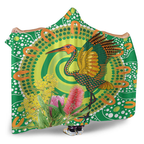 Australia Aboriginal Hooded Blanket - Brolga Bird Dancing With Australia Native Flowers V2 Hooded Blanket Australia Aboriginal Hooded Blanket - Brolga Bird Dancing With Australia Native Flowers V2 Hooded Blanket