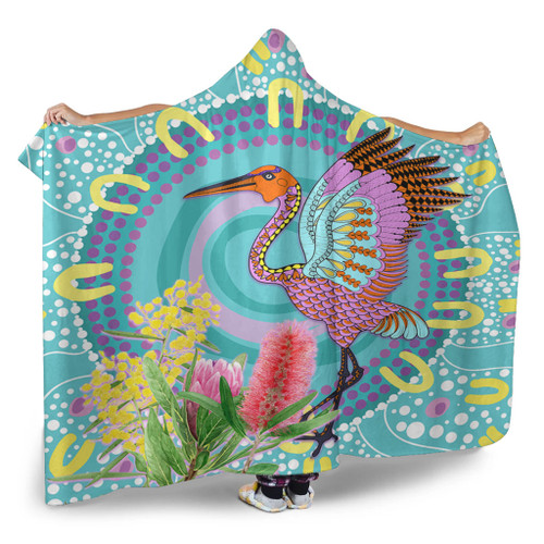 Australia Aboriginal Hooded Blanket - Brolga Bird Dancing With Australia Native Flowers V3 Hooded Blanket Australia Aboriginal Hooded Blanket - Brolga Bird Dancing With Australia Native Flowers V3 Hooded Blanket