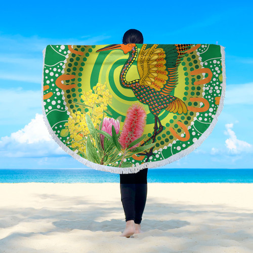 Australia Aboriginal Beach Blanket - Brolga Bird Dancing With Australia Native Flowers V2 Beach Blanket Australia Aboriginal Beach Blanket - Brolga Bird Dancing With Australia Native Flowers V2 Beach Blanket