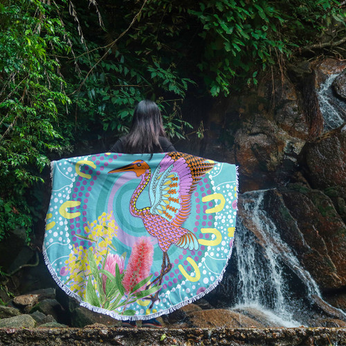 Australia Aboriginal Beach Blanket - Brolga Bird Dancing With Australia Native Flowers V3 Beach Blanket Australia Aboriginal Beach Blanket - Brolga Bird Dancing With Australia Native Flowers V3 Beach Blanket