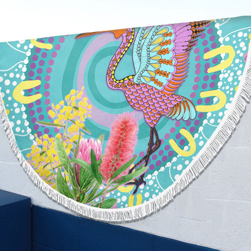 Australia Aboriginal Beach Blanket - Brolga Bird Dancing With Australia Native Flowers V3 Beach Blanket Australia Aboriginal Beach Blanket - Brolga Bird Dancing With Australia Native Flowers V3 Beach Blanket