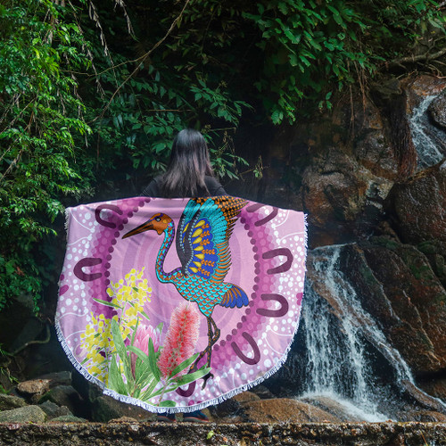 Australia Aboriginal Beach Blanket - Brolga Bird Dancing With Australia Native Flowers Beach Blanket Australia Aboriginal Beach Blanket - Brolga Bird Dancing With Australia Native Flowers Beach Blanket