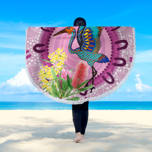 Australia Aboriginal Beach Blanket - Brolga Bird Dancing With Australia Native Flowers Beach Blanket Australia Aboriginal Beach Blanket - Brolga Bird Dancing With Australia Native Flowers Beach Blanket