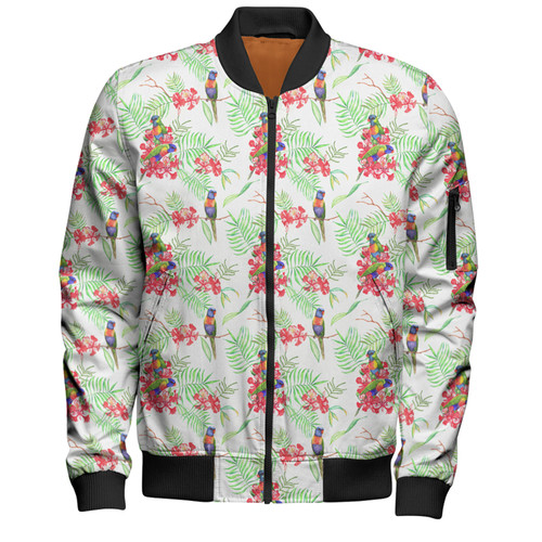 Australia Rainbow Lorikeets Bomber Jacket - Rainbow Lorikeets Colorful Tropical Exotic Flowers Bomber Jacket