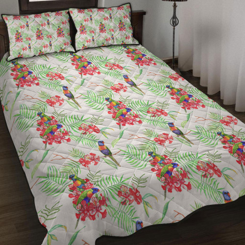 Australia Rainbow Lorikeets Quilt Bed Set - Rainbow Lorikeets Colorful Tropical Exotic Flowers Quilt Bed Set