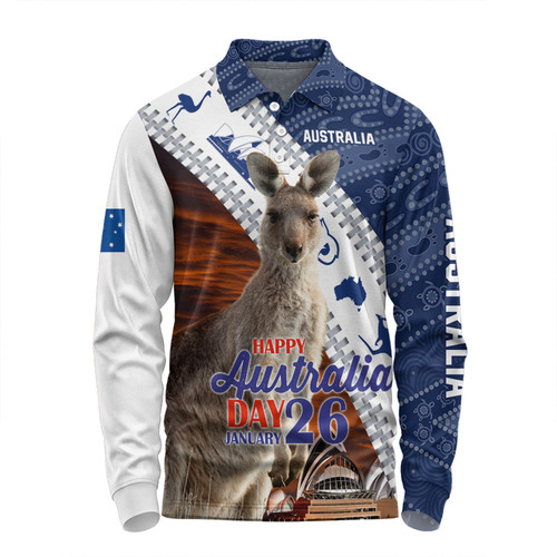 Australia Australia Day Custom Long Sleeve Polo Shirt - Kangaroo Happy Australia Day Aboriginal Pattern Long Sleeve Polo Shirt