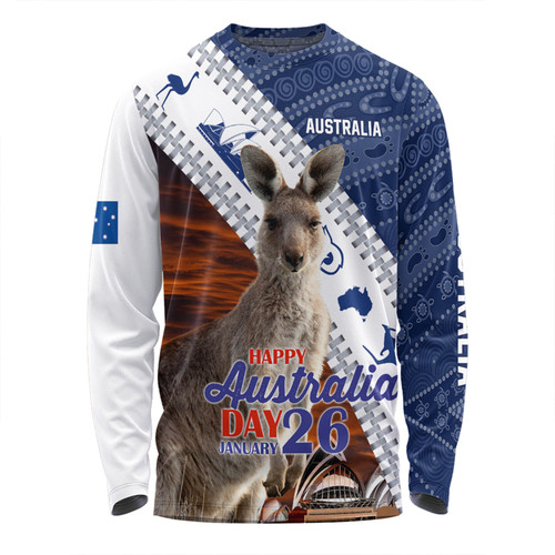 Australia Australia Day Custom Long Sleeve T-shirt - Kangaroo Happy Australia Day Aboriginal Pattern Long Sleeve T-shirt