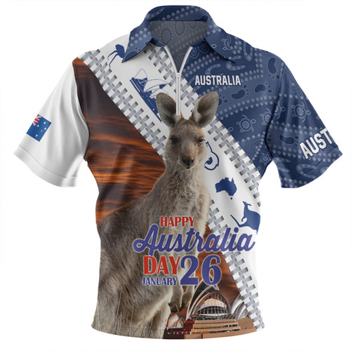 Australia Australia Day Custom Zip Polo Shirt - Kangaroo Happy Australia Day Aboriginal Pattern Zip Polo Shirt