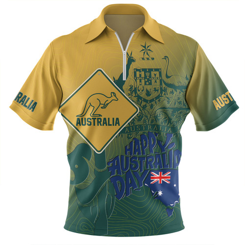 Australia Australia Day Custom Zip Polo Shirt - Australia Coat Of Arms Kangaroo And Koala Sign Zip Polo Shirt