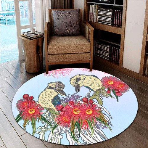 Australia Kookaburra Round Rug - Couple Kookaburra With Eucalyptus Flower Art Round Rug Australia Kookaburra Round Rug - Couple Kookaburra With Eucalyptus Flower Art Round Rug