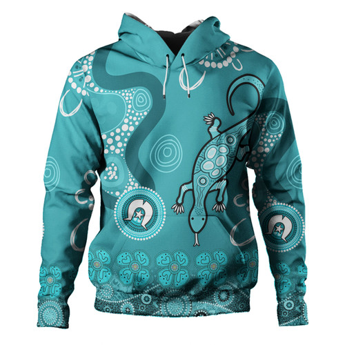 Australia Goanna Aboriginal Hoodie - Indigenous Dot Goanna (Teal Blue) Hoodie