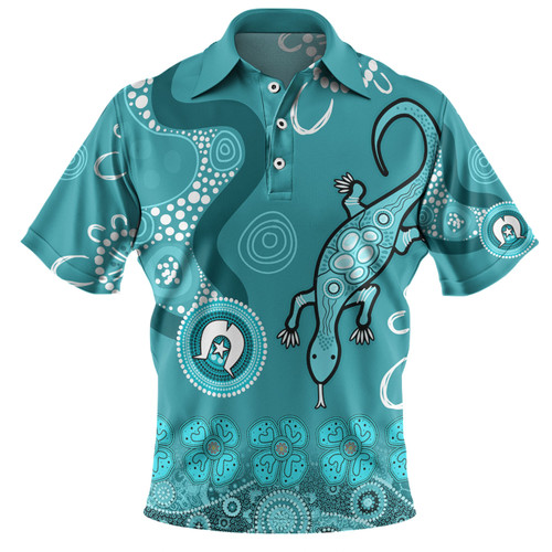 Australia Goanna Aboriginal Polo Shirt - Indigenous Dot Goanna (Teal Blue) Polo Shirt