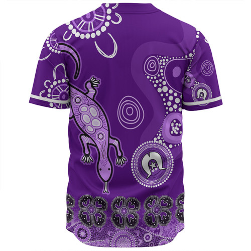 Australia Goanna Aboriginal Baseball Shirt - Indigenous Dot Goanna (Purple) Baseball Shirt Australia Goanna Aboriginal Baseball Shirt - Indigenous Dot Goanna (Purple) Baseball Shirt