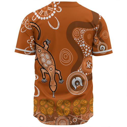 Australia Goanna Aboriginal Baseball Shirt - Indigenous Dot Goanna (Orange) Baseball Shirt Australia Goanna Aboriginal Baseball Shirt - Indigenous Dot Goanna (Orange) Baseball Shirt