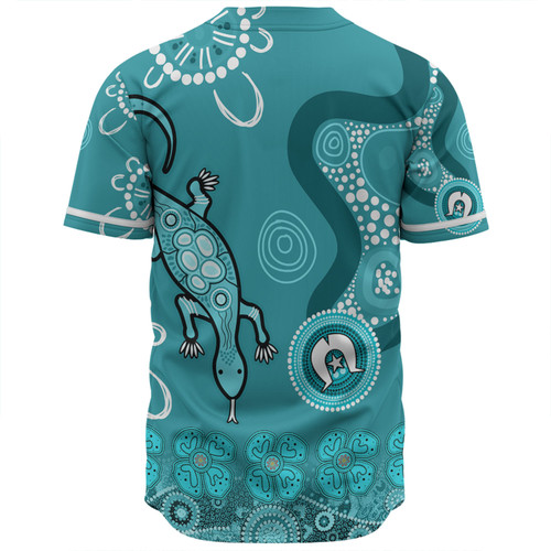 Australia Goanna Aboriginal Baseball Shirt - Indigenous Dot Goanna (Teal Blue) Baseball Shirt Australia Goanna Aboriginal Baseball Shirt - Indigenous Dot Goanna (Teal Blue) Baseball Shirt