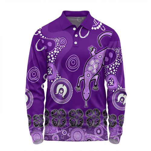 Australia Goanna Aboriginal Long Sleeve Polo Shirt - Indigenous Dot Goanna (Purple) Long Sleeve Polo Shirt