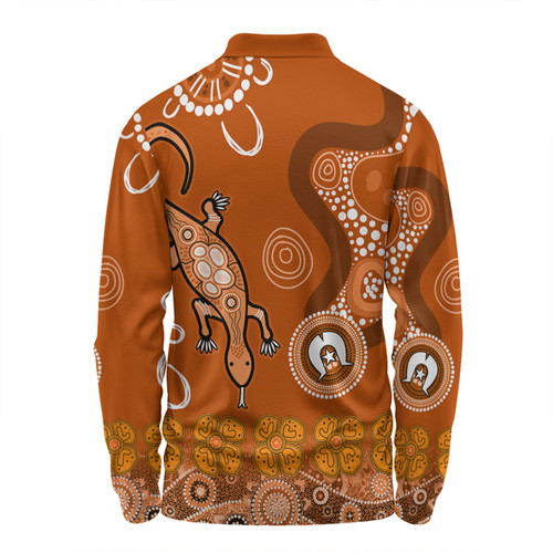 Australia Goanna Aboriginal Long Sleeve Polo Shirt - Indigenous Dot Goanna (Orange) Long Sleeve Polo Shirt Australia Goanna Aboriginal Long Sleeve Polo Shirt - Indigenous Dot Goanna (Orange) Long Sleeve Polo Shirt