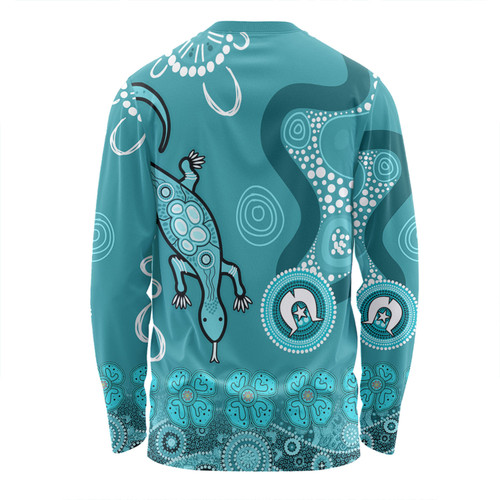 Australia Goanna Aboriginal Long Sleeve T-shirt - Indigenous Dot Goanna (Teal Blue) Long Sleeve T-shirt Australia Goanna Aboriginal Long Sleeve T-shirt - Indigenous Dot Goanna (Teal Blue) Long Sleeve T-shirt