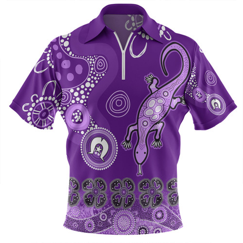 Australia Goanna Aboriginal Zip Polo Shirt - Indigenous Dot Goanna (Purple) Zip Polo Shirt