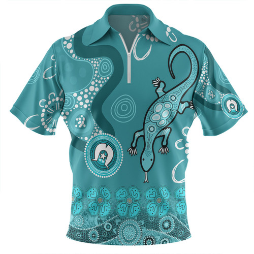 Australia Goanna Aboriginal Zip Polo Shirt - Indigenous Dot Goanna (Teal Blue) Zip Polo Shirt