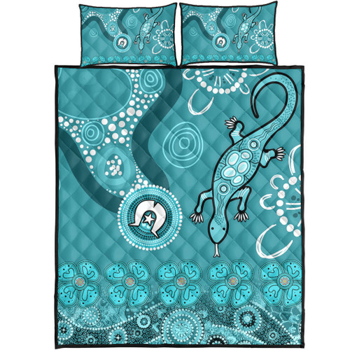 Australia Goanna Aboriginal Quilt Bed Set - Indigenous Dot Goanna (Teal Blue) Quilt Bed Set Australia Goanna Aboriginal Quilt Bed Set - Indigenous Dot Goanna (Teal Blue) Quilt Bed Set