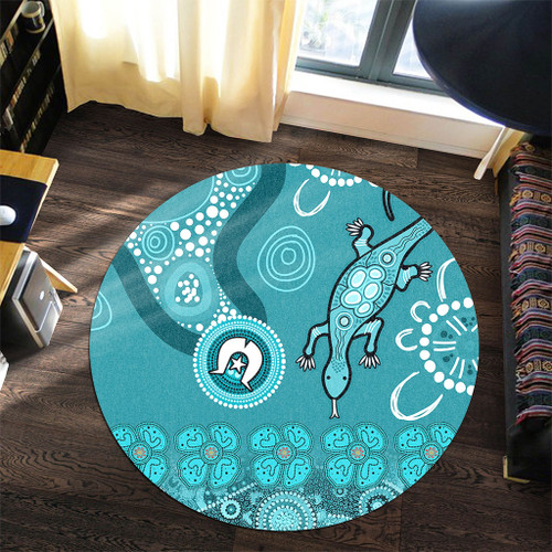 Australia Goanna Aboriginal Round Rug - Indigenous Dot Goanna (Teal Blue) Round Rug Australia Goanna Aboriginal Round Rug - Indigenous Dot Goanna (Teal Blue) Round Rug