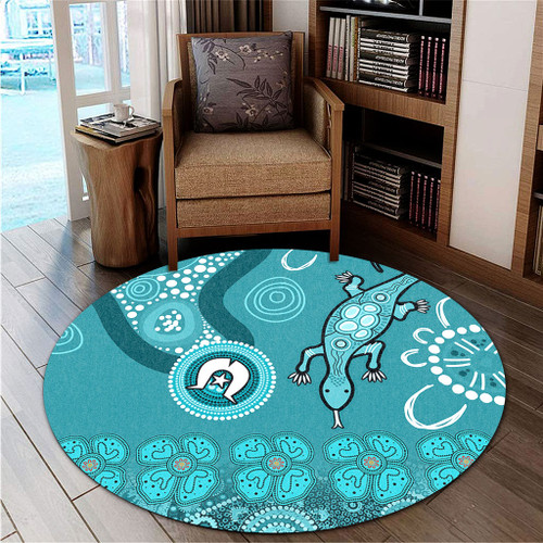 Australia Goanna Aboriginal Round Rug - Indigenous Dot Goanna (Teal Blue) Round Rug Australia Goanna Aboriginal Round Rug - Indigenous Dot Goanna (Teal Blue) Round Rug