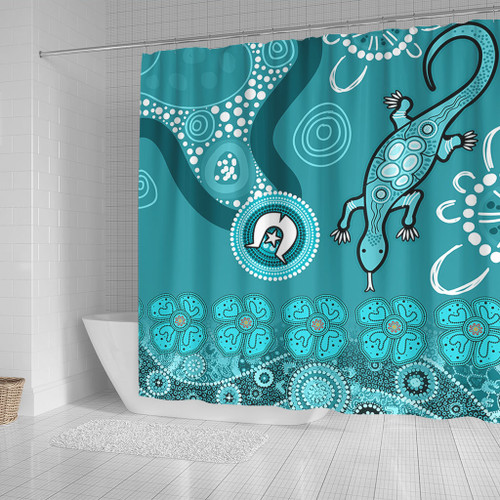 Australia Goanna Aboriginal Shower Curtain - Indigenous Dot Goanna (Teal Blue) Shower Curtain Australia Goanna Aboriginal Shower Curtain - Indigenous Dot Goanna (Teal Blue) Shower Curtain