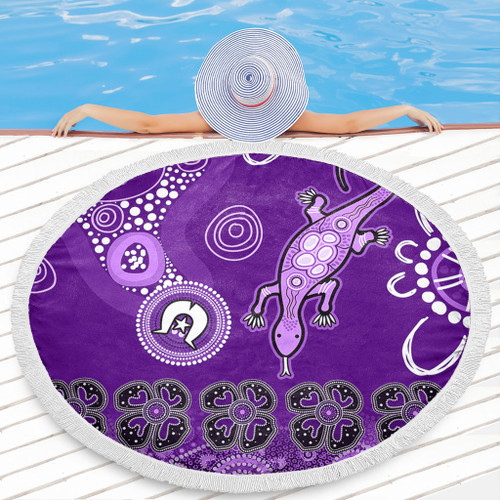 Australia Goanna Aboriginal Beach Blanket - Indigenous Dot Goanna (Purple) Beach Blanket