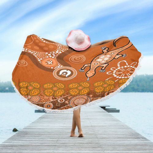 Australia Goanna Aboriginal Beach Blanket - Indigenous Dot Goanna (Orange) Beach Blanket Australia Goanna Aboriginal Beach Blanket - Indigenous Dot Goanna (Orange) Beach Blanket