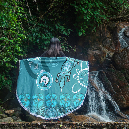 Australia Goanna Aboriginal Beach Blanket - Indigenous Dot Goanna (Teal Blue) Beach Blanket Australia Goanna Aboriginal Beach Blanket - Indigenous Dot Goanna (Teal Blue) Beach Blanket