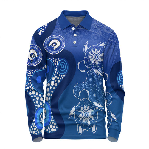 Australia Turtles Aboriginal Long Sleeve Polo Shirt - Indigenous Dot Turtles In The Ocean (Blue) Long Sleeve Polo Shirt