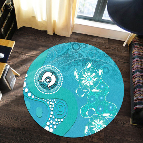 Australia Turtles Aboriginal Round Rug - Indigenous Dot Turtles In The Ocean (Turquoise) Round Rug Australia Turtles Aboriginal Round Rug - Indigenous Dot Turtles In The Ocean (Turquoise) Round Rug