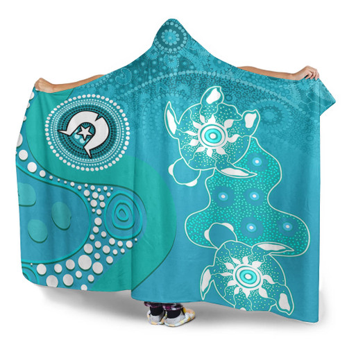 Australia Turtles Aboriginal Hooded Blanket - Indigenous Dot Turtles In The Ocean (Sapphire) Hooded Blanket