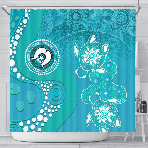 Australia Turtles Aboriginal Shower Curtain - Indigenous Dot Turtles In The Ocean (Turquoise) Shower Curtain