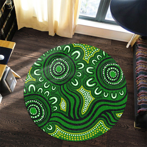 Australia Aboriginal Round Rug - Dot Patterns From Indigenous Australian Culture (Green) Round Rug