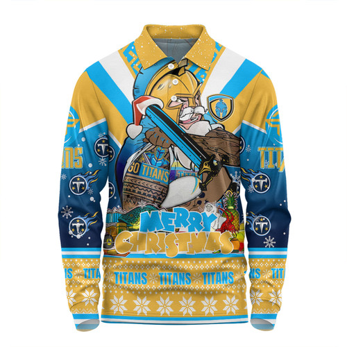 Gold Coast Titans Christmas Custom Long Sleeve Polo Shirt - Gold Coast Titans Santa Aussie Big Things Long Sleeve Polo Shirt